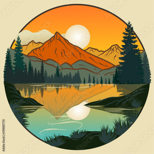 Hiking in the mountains to the lake at sunset. Vector illustration