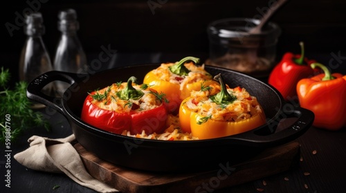 Delicious stuffed peppers in frying pan Generative AI