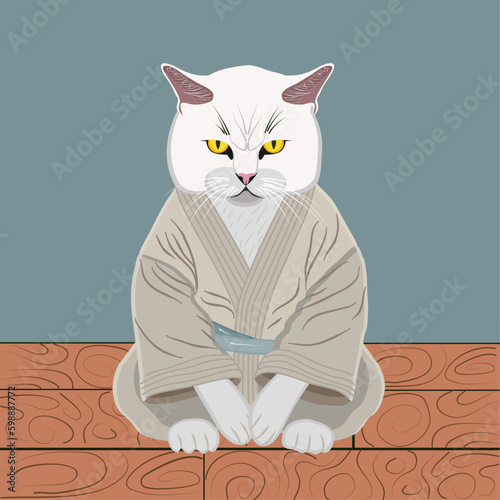 frowning white cat buddhist monk in robes on the floor