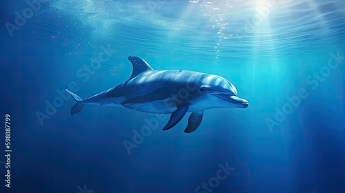 dolphin underwater on blue ocean background Generative AI