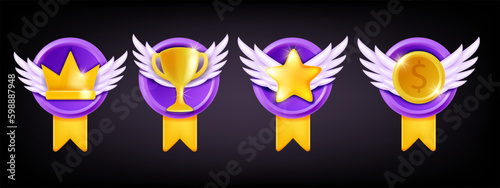 3D game badge vector set, level up medal icon kit, golden rank crown, award star emblem coin. UI victory cup reward rating cartoon casino prize bonus trophy pack, quality bonus. Game badge app clipart