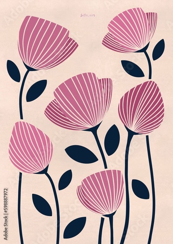 Floral art print with flat flowers. Floral minimalism. Botanicals. Floral illustration with stylized tulips