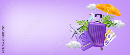 3D plane travel banner, vector passport, airplane ticket, vacation suitcase bag summer holiday. Airport tourism background, international transportation poster, airline world trip. Business 3D travel