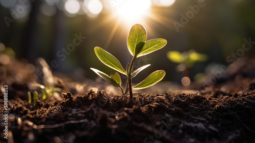 Growing plant,Young plant in the morning light on ground background. Generative Ai