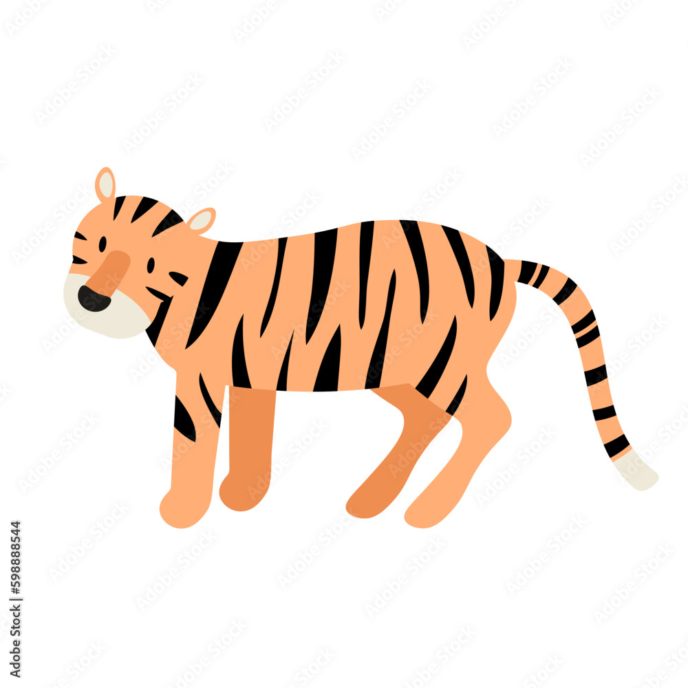 Tiger flat design. Vector. Zoo wild cat, animal isolated. African fauna on white background. Cartoon Illustration. EPS