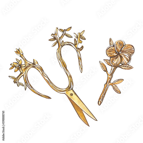 Golden scissors and hairpin isolated on white background. Watercolor hand drawing realistic illustration. Art for design