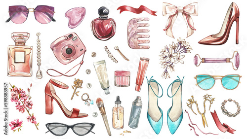 Beauty set with sunglasses, perfume, jewelry, shoes. isolated on white. Watercolor handrawn illustration. Art for design