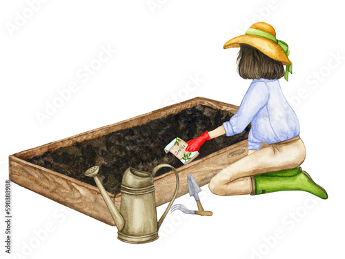 A woman sows vegetable seeds in her garden beds. Garden work. Composition on the theme of gardening, spring seedlings, growing vegetables.
