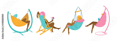 Summer set. Pretty women are sitting in a hammock, in a hanging chair, in a chaise longue, a cocoon chair. Summer vibes. Recreation in nature, on the sea. Vector flat illustration