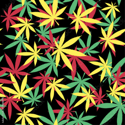Cannabis Seamless Pattern. Jamaican 420 Psychedelic graphic vector. Marijuana inspired design. Reggae background with cannabis leaves. Textile visual content.