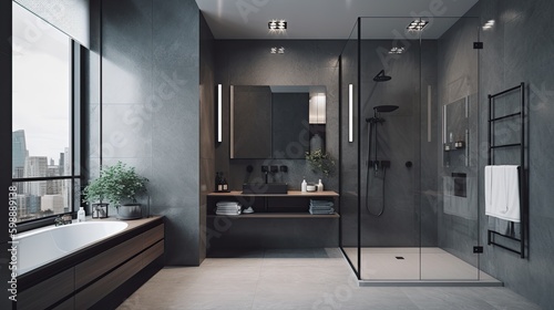 Interior of a luxury bathroom with a shower stall. Generative AI
