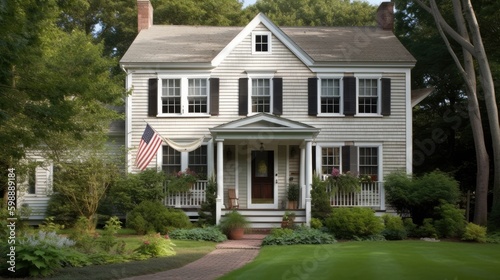 Front view of traditional colonial home with american flag Generative AI