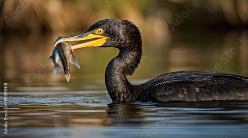 Great cormorant eating Black Bullhead fish © Sandris_ua