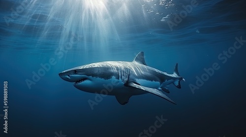 Great White Shark in blue ocean. Underwater photography Generative AI