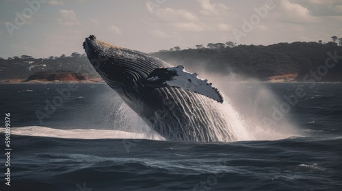 Jumping humpback whale over water. Generative AI © Sandris_ua