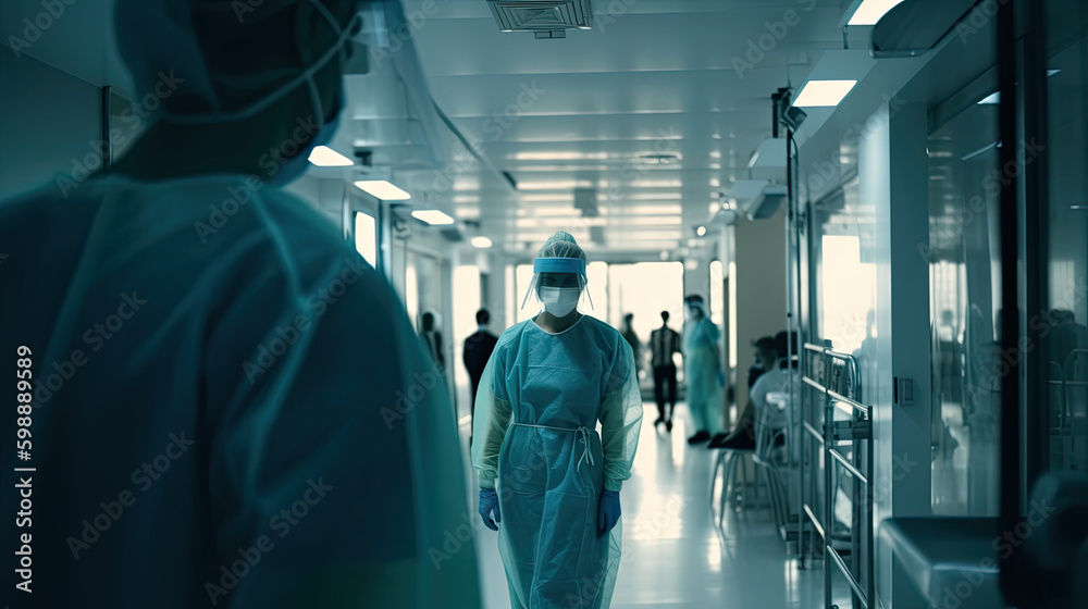 Medical staff passing through hospital wards. Generative AI