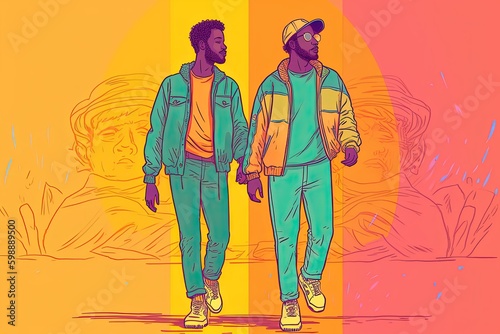 Gay couple, one gender love concept. Happy smiling young man cartoon characters lovers. Generative AI
