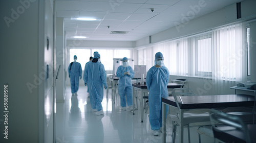 Medical staff passing through hospital wards. Generative AI
