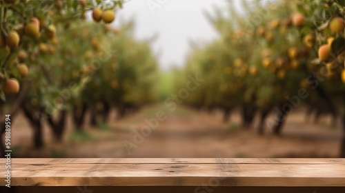 Mock Up Scene, rustic wooden table blurred background garden Generative AI