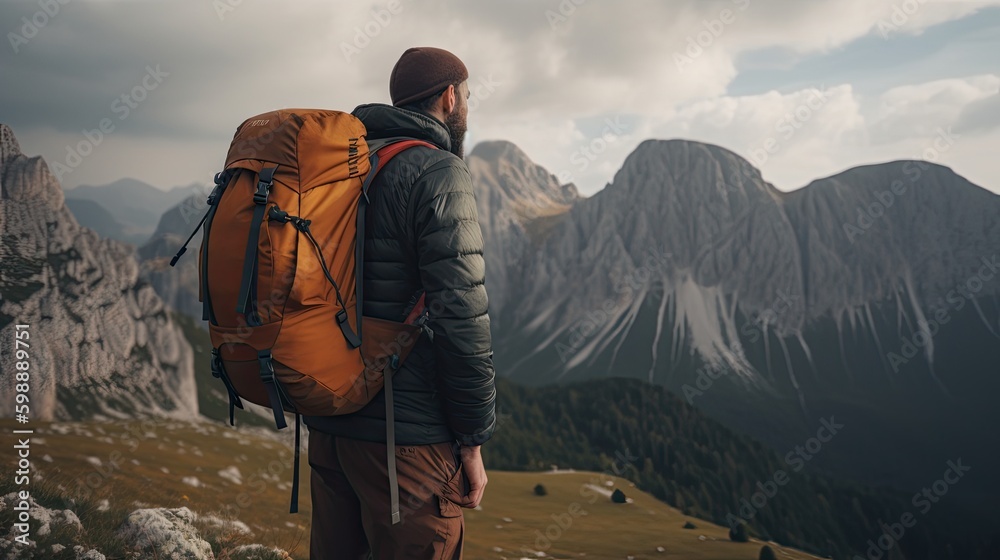 Man Traveler with big hiking backpack Generative AI