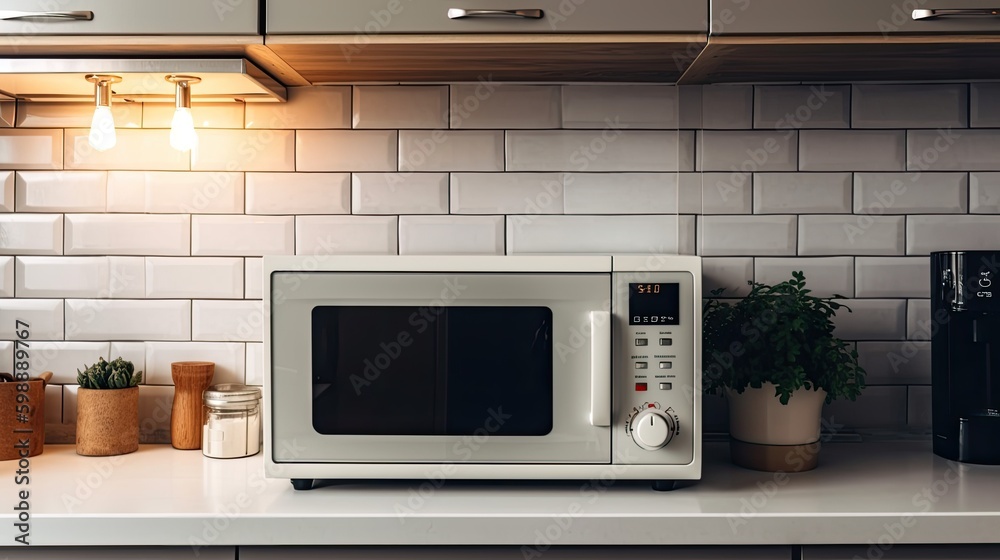 Fototapeta premium Microwave oven on kitchen Generative AI