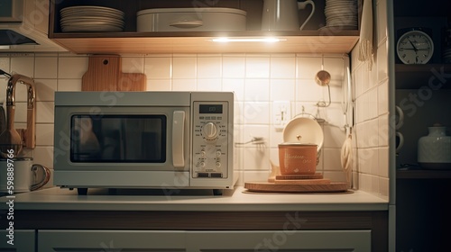 Microwave oven on kitchen Generative AI