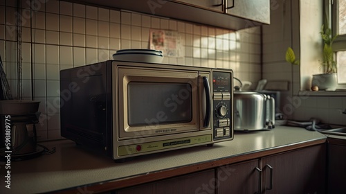 Microwave oven on kitchen, 80s interior Generative AI
