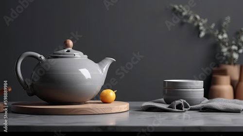 Modern teapot on grey kitchen Generative AI photo