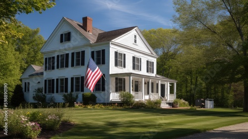 Modern custom new England colonial home with an American flag Generative AI