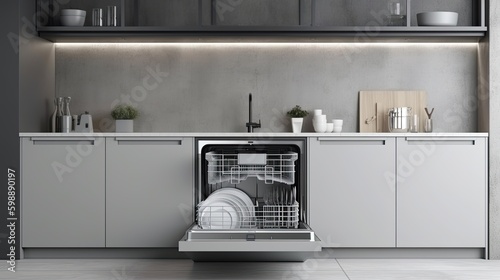 Modern dishwasher on grey kitchen