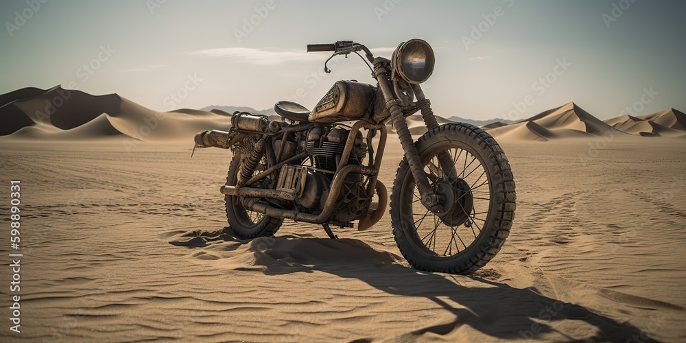 AI Generated. AI Generative. Old vintage retro brutal motor bike in desert road. Adventure explore travel vibe. Graphic Art