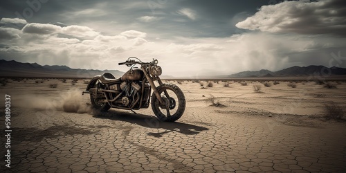 AI Generated. AI Generative. Old vintage retro brutal motor bike in desert road. Adventure explore travel vibe. Graphic Art