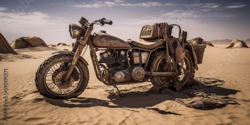 AI Generated. AI Generative. Old vintage retro brutal motor bike in desert road. Adventure explore travel vibe. Graphic Art