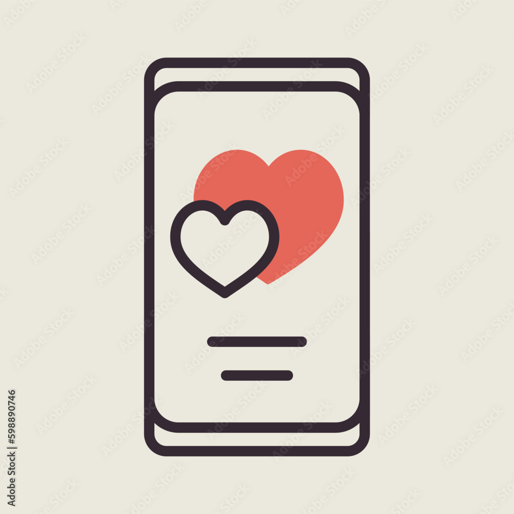 Smartphone with two hearts on the screen icon Smartphone with two hearts on the screen icon