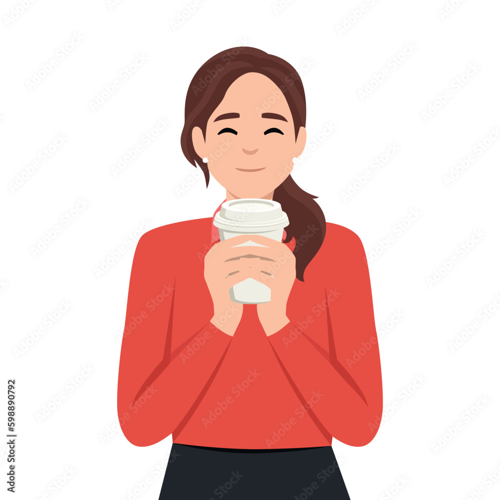 Business woman holding cup of cofee. Beautiful businesswoman in formal clothes standing straight. Cute cartoon character. Business woman holding cup of cofee. Beautiful businesswoman in formal clothes standing straight. Cute cartoon character.