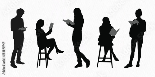 Silhouettes of people reading books standing, sitting and lying vector illustration