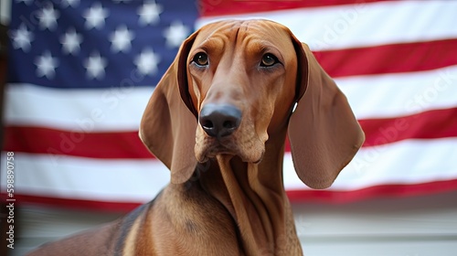 Redbone Coonhound in front of USA flag independence day Generative AI photo