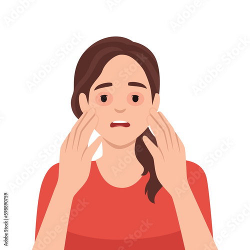 Sad woman with dry reddened eyes due to irritation or allergic reaction caused by food or lack of sleep and rest. Sick girl with allergy symptoms needs to take medicines or use cosmetics