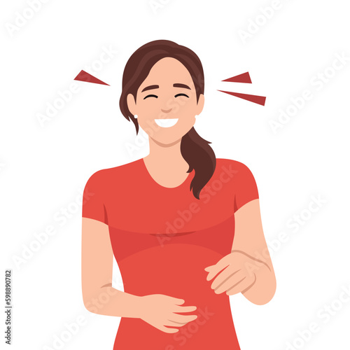 Young woman laughing while pointing.