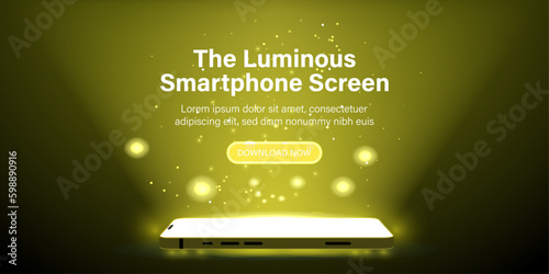 The Luminous Smartphone Screen. Smartphone golden light screen, Computer, or tablet display. Technology mobile display light. Vector illustration.