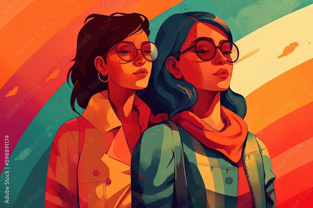 Lesbian couple, one gender love concept. Happy smiling young woman cartoon characters lovers. Generative AI Lesbian couple, one gender love concept. Happy smiling young woman cartoon characters lovers. Generative AI