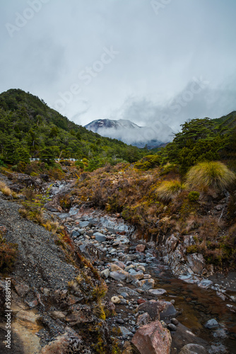 Majestic snow-patched Mount Ruapehu rising behind rocky riverbed with evergreen trees on the banks. Ohukune Mountain Road, North Island, New Zealand