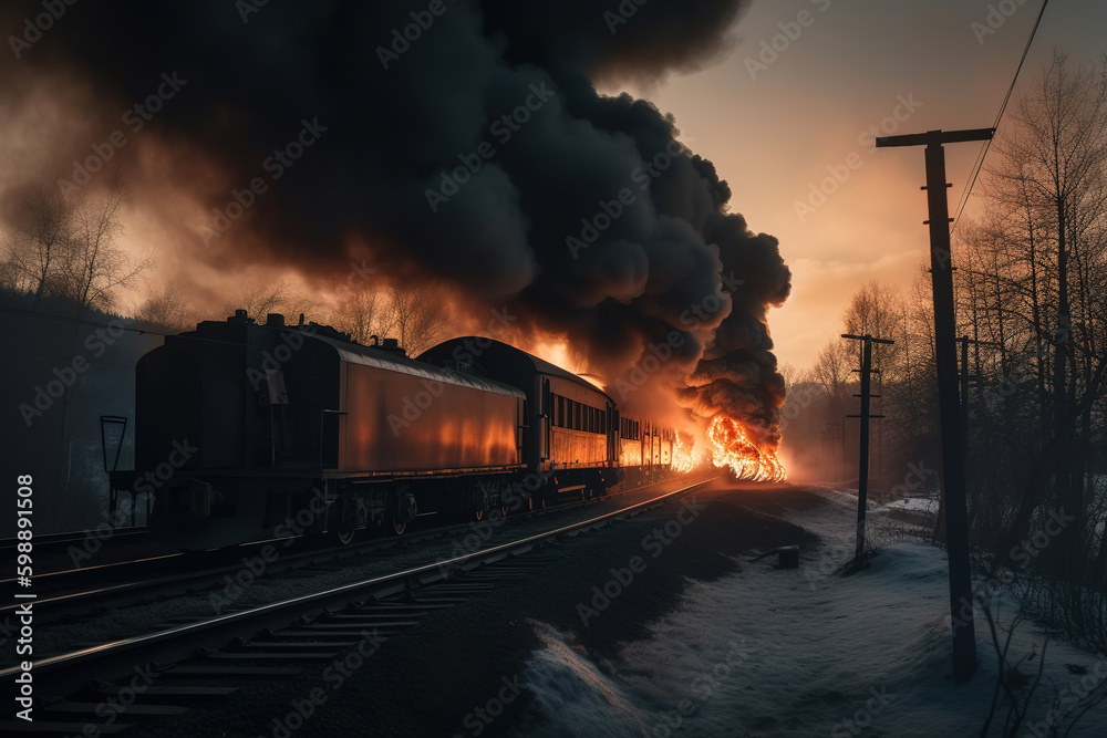 Burning train on rails, explosion and flames. Generative AI