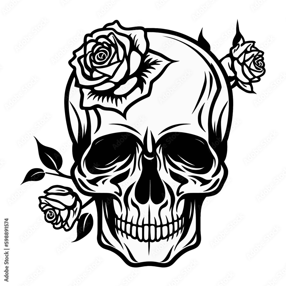 Skull With Rose Flower, Human skull vector, skull, isolated on white ...