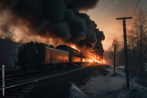 Burning train on rails, explosion and flames. Generative AI © Sergio
