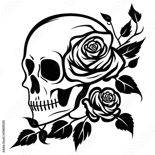 Skull With Rose Flower, Human skull vector, skull, isolated on white background, vector illustration.