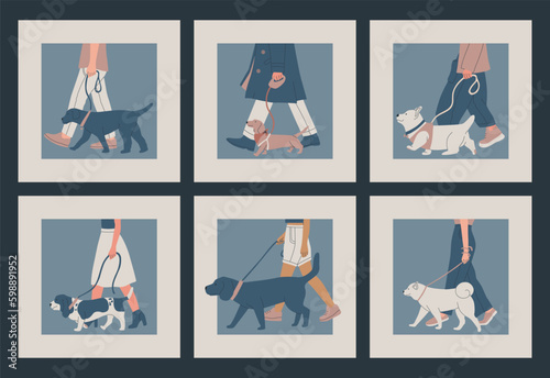 Dog Show or Competition. The man keeps the dog on a leash. Set of vector illustrations.