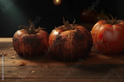 Rotten tomatoes on a wooden table. Dim studio light. Generate AI.