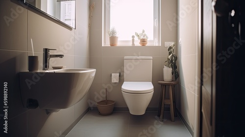 Toilet in the bathroom. Light scandinavian interior. Front view Generative AI