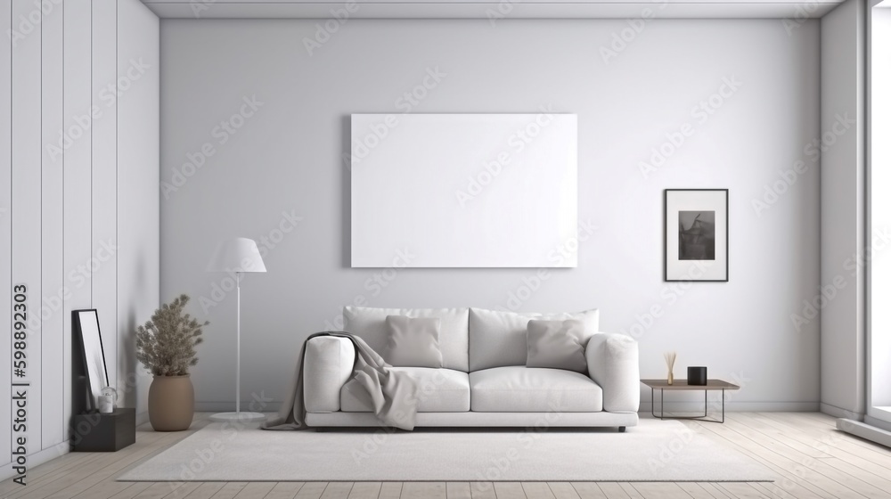 Interior of modern living room with white sofa and mock up poster on wall. 3D rendering - obrazy, fototapety, plakaty 